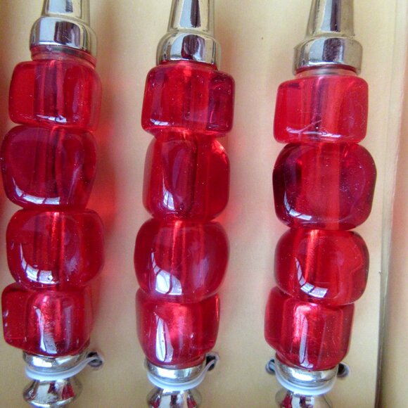 Red acrylic beaded handles cocktail appetizer forks - set of 4 - New Old Stock - Picture 3 of 4
